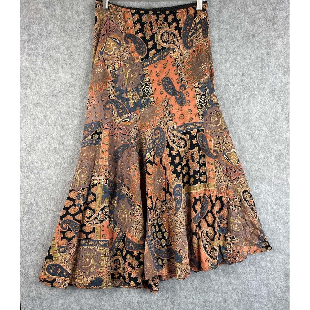 Chadwicks Tiered Maxi Skirt Womens Large Brown Paisley Asymmetrical Gypsy Boho